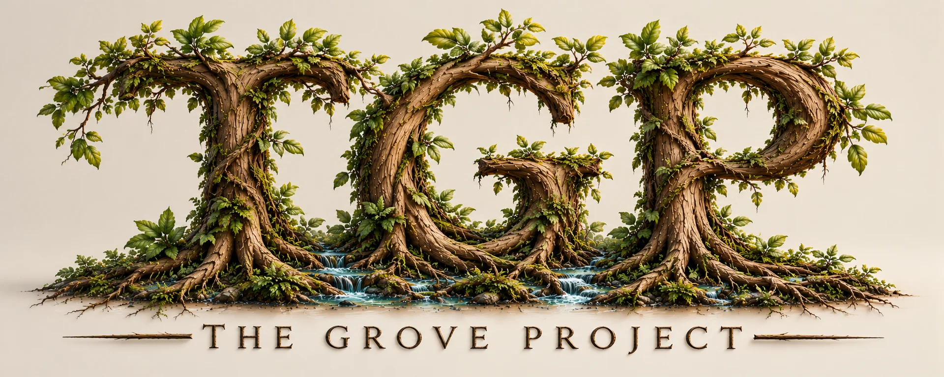 The Grove Project’s TGP lettermark, formed from intertwined trees, living roots, and flowing water